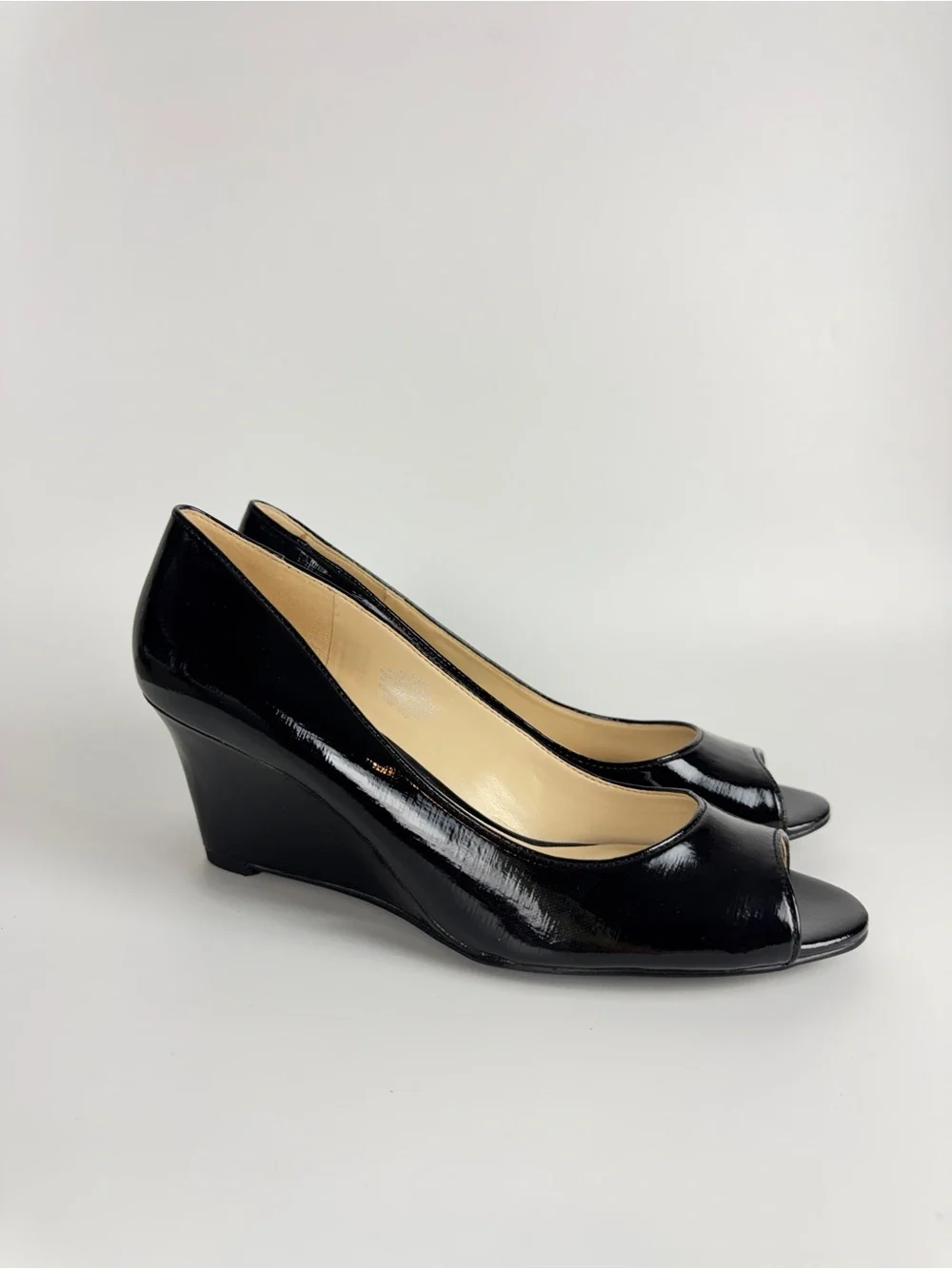 Nine West Black Patent Peep Toe Wedge Pumps